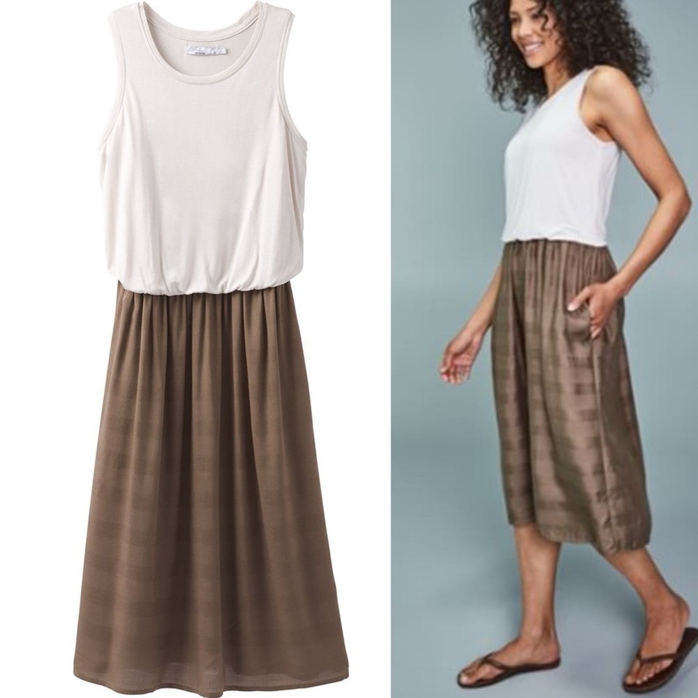 PRANA Sleeveless Perry Midi Dress Cream Olive Green M